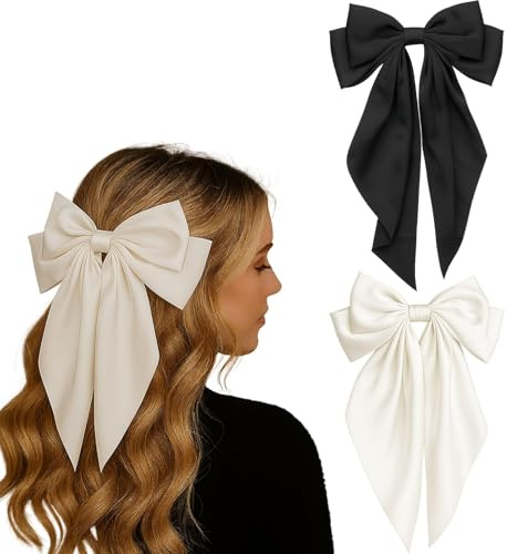 Large Bow Hair Clips, Black And Ivory, 2-Piece Barrette Set With Tails | Layered Ribbon Loops, Wrapped Centres, Long Notched Ends, For Ponytails, Half-Up Hairstyles, Weddings And Events