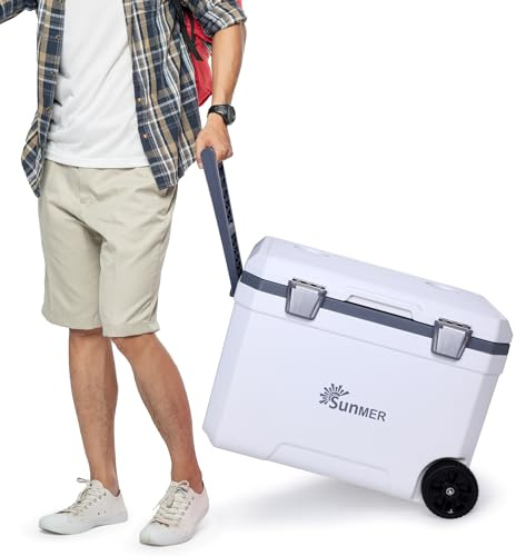 SUNMER Wheeled Cooler Box 45L - PU Foam Insulated Ice Chest with 72-Hour Cold Retention - Cool Box on Wheels with Drain Plug & Cup Holders - Large Ice Cooler Box for Camping & Beach - White