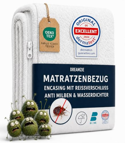 Dreamzie - Matratzenbezug 140x200x28cm - Encasing Milbenbezug - Wasserdicht | Mit Reißverschluss · Anti-Milben & Bettwanzen · Frottee-Oberfläche · Matratzenschoner für Allergiker · Bi-Ome · Oeko-Tex