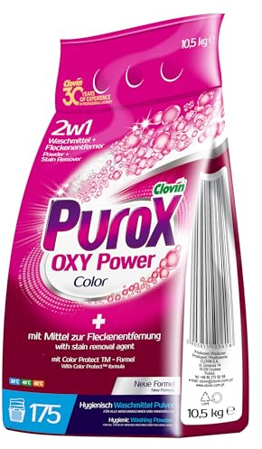 Purox OXY Power Color Detergente en polvo en bolsa de aluminio, detergente para todo tipo de tejidos, elimina manchas, respetuoso con el medio ambiente, protege contra la cal, 10,5 kg