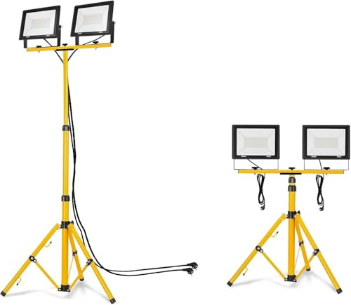 YZNAHRE LED Baustrahler 2×200W mit Stativ, Doppel-Strahler Kaltweiß, LED Fluter Arbeitsleuchte, 3 m Kabel, IP66 Wasserdicht für Garage, Garten & Baustelle