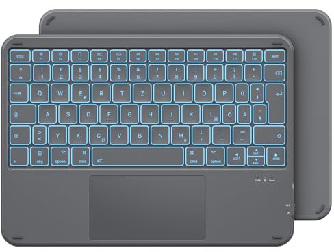Emetok Deutsche Tastatur mit Touchpad & 7-Farb-Beleuchtung für iPad, Grau | Bluetooth QWERTZ Tastatur, ultradünn, für iPad 11/10.9/10.2/Pro 13/11/12.9/Air/Mini, Reisen/Büro/Homeoffice, Studenten