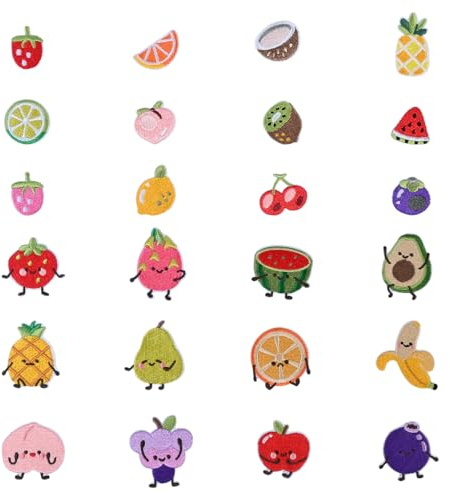 Kemay 24 Pcs Cute fruit Iron on Patches,Assorted Embroidered Patches for Clothing,DIY Sew On Applique Repair Stickers for Jeans Jackets Hats Backpacks Bags,Decorative Accessory Set for Kids and Adults