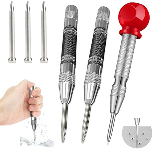 3 Pack Automatic Centre Punch, 5 Spring Loaded, Hammerless Tool, 3 Tips | Hardened CR-V steel tip, anti-slip grip, adjustable spring force, swap spare tips, for metal, wood and glass
