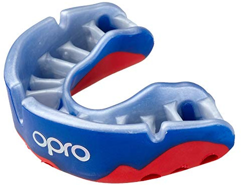 Opro Platin-Mundschutz, selbst anpassbar, mit Schutzhülle für Rugby, Eishockey, MMA, Boxen, Lacrosse, American Football, Basketball, Martial Arts, für Herren/Damen/Jungen/Mädchen Opro Gum-Produkte werden in Großbritannien entworfen und hergestellt., Blue/Pearl/Red, from Age 10 to Adult