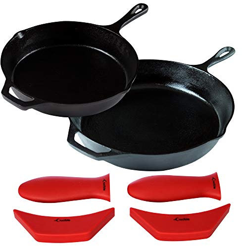 12-Inch & 10.25-Inch Cast Iron Skillet Set (Pre-Seasoned), Including Large & Assist Silicone Hot Handle Holders | Indoor & Outdoor Use