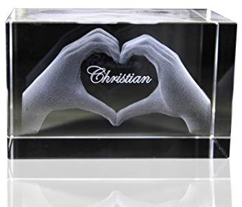 VIP-LASER 3D Glas Kristall mit Gravur I Herz aus Zwei Händen mit Namen graviert Weihnachten Jahrestag Geburtstag (ohne LED-Leuchtsockel)