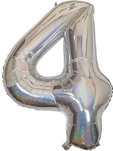 DIWULI Luftballon 4 Geburtstag XXL Silber Glitzer Zahl 4