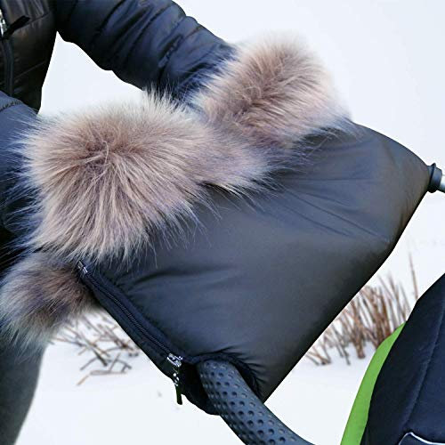 Baby-Joy Kinderwagen Muff mit Kunstfell, warmer Handwärmer und Handschutz, wetterfester Handschuh mit Reißverschluss und flauschigem Innenfutter | Farbe: 03 Schwarz