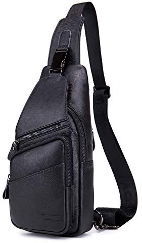 SDINAZ Sling Bag Leder Brusttasche Schultertasche Wasserresistent Tragetasche Herren Umhängetasche,Freizeit oder Multipurpose Tagepacks DE975 Schwarz