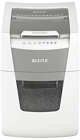 Leitz IQ Autofeed Small Office Aktenvernichter CH, P4-Partikelschnitt, 100 Blatt, 34 l-Abfallbehälter, mit Schweizer Netzstecker, Weiß, 80112000