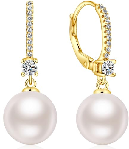 jiamiaoi 18Kt Weißgold plattiert Perlenohrringe Silber 925 Hängend, Perlen Ohrringe Damen Perlen Ohrhänger, Creolen mit Perle 8mm-10mm