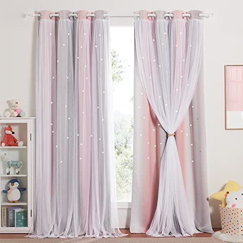 NICETOWN Tende per Cameretta Bambini Oscuranti Doppio Velo a Stelle Vuote | 2 Pezzi 132x260 CM (LxA), per Camera da Letto, per Soggiorno, per Interni, Romantiche, con Anelli, Rosa+Grigio