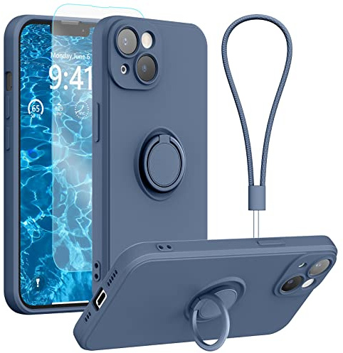 pcgaga Silicone Phone Case for iPhone 14 with Screen Protector [Ring Holder Stand] [Wrist Strap] [Microfiber Lining] Slim Shockproof Protective Cover, 6.1 Inch, Blue