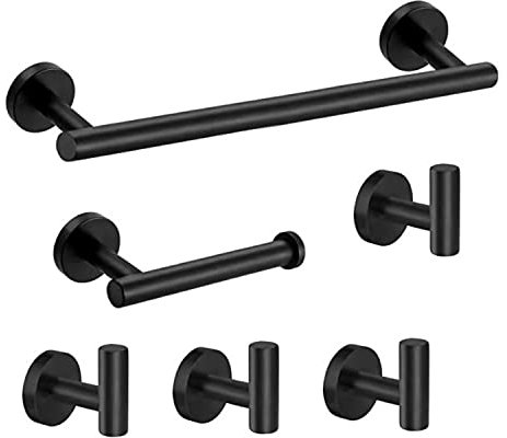 Juego de Accesorios de Baño XXINLOOY-6 Piezas Toallero Barra 40cm + Portarrollos para Papel Higiénico +4 Gancho para Pared SUS304 Acero Inoxidable/Negro/Instalación de Perforación