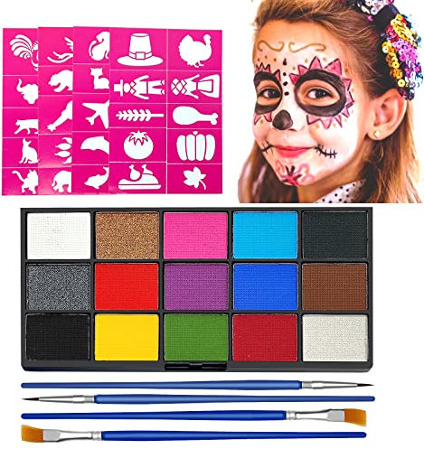 Clundoo Kinderschminke Set, 15 Farben Schminkfarben Schminkpalette, Waschbar Face Paint Bodypaint Schminkset, Körperfarbe Kinder mit 4 Pinsel und 40 Tattoos für Halloween Karneval Make-up Fasching