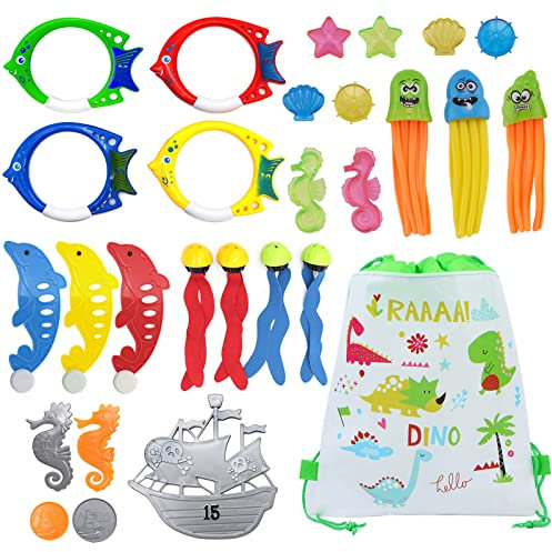 RDGWFB 27 Stück Tauchringe für Kinder Set, Pool Spielzeuge Fisch Form Tauchringe Seetang Oktopus Tauchjuwel Spielzeug, Unterwasser Tauchen Spielset für Kinder Jungen Mädchen mit Drawstring Tasche