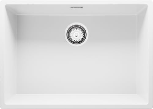 PRIMAGRAN Evier Cuisine en Granit au Meuble 70cm + Kit de Vidage, 66x47cm | Set: Kit de Vidage (Siphon, bonde d’évacuation, trop-plein) + Lavabo 1 Bac - London, Blanc