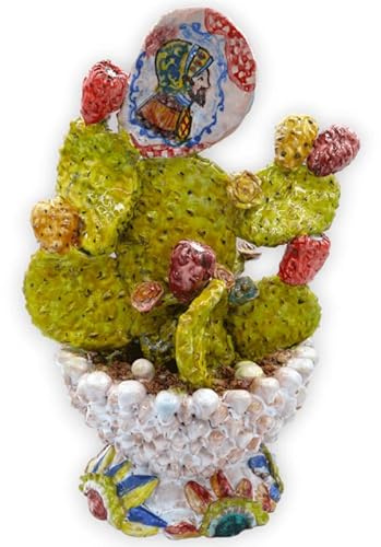 SICILIA BEDDA CAPACI Pianta ficodindia in Vaso Mezza pigna con Applicazioni di ficodindia e Fiori, h 35 e L 23 cm ca.