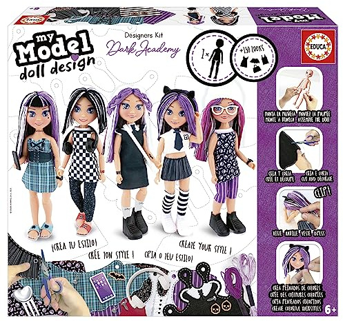 Educa 19827, My Model Doll Design, Dark Academy, DIY Figurenset Modedesign für Kinder ab 6 Jahren