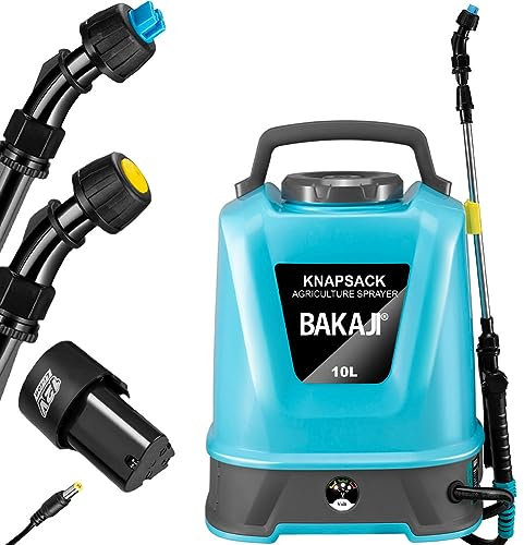 BAKAJI Spruzzatore a batteria da Giardino con Accessori, Nebulizzatore a pressione 5,5 Bar con Tracolla Antifatica, Pompa Ultra Leggera Irrigazione e Cura Piante, Acqua e Antiparassitario (10 Litri)