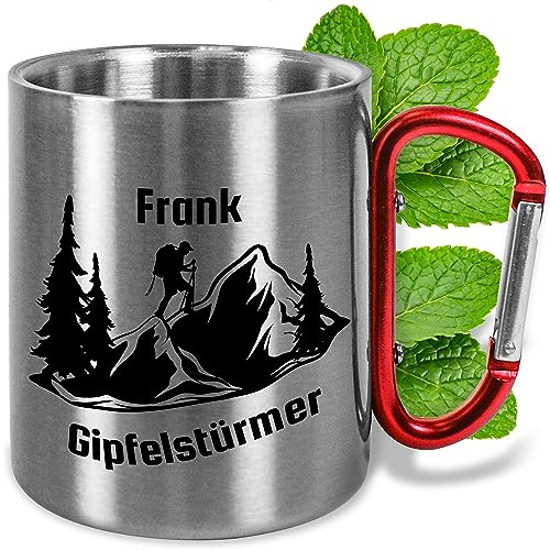 Edelstahl-Tasse mit Karabiner ca. 330ml personalisiert „Gipfelstürmer“ Geschenk für Kletterer Bergliebhaber Männer & Frauen - Metall-Becher mit Namen – Outdoor Camping - Griff Rot