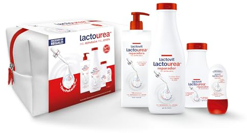 Lactovit Lactourea Geschenkset | Kulturbeutel mit reparierender Körpermilch, reparierendes Duschgel und Deodorant mit Urea und 0 % Alkohol | geeignet für trockene und extra trockene Haut