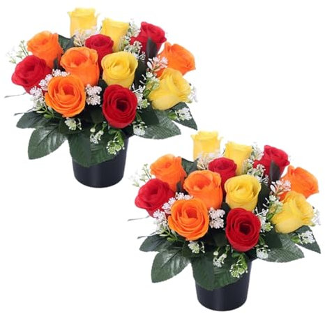 Caliko Set of 2 Grave Flower Pots with Improved Design | Artificial Flowers for Graves in Pots | 12-Head Multi Artificial Flowers | Perfect for Cemetery Decor, Christmas Tributes & Memorial Elegance.