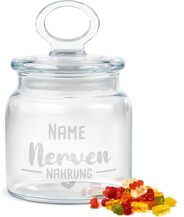 Print Royal PR Personalisierte Keksdose aus Glas mit Gravur - 550 ml - Nervennahrung mit Name selbst gestalten als Geschenk zum Geburtstag oder Weihnachten | Personalisiertes Geschenk