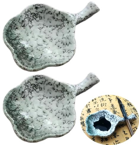 Multifunktionales Tintenfass aus Porzellan, handgefertigt, mit Pinselhalter für chinesische japanische Kalligraphie, Malerei, Praxis, 2 Stück