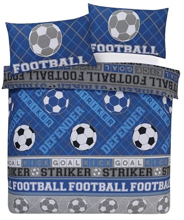 Charlotte Andersen Grey Blue Football Double Duvet Cover Set Reversible Boys Bedding With Pillowcase s (BLUE/GREY DUVET COVER SET, Double)