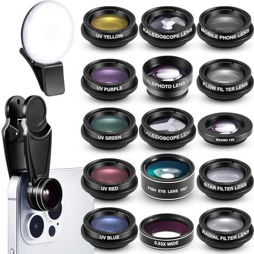 Copkim 16 Pcs Phone Camera Lens Kit 16 in 1 with Selfie Light Universal Clip on Cell Phone 198 Degree Fisheye Wide Angle Macro Kaleidoscope CPL Lens Attachments Compatible with Most Phones