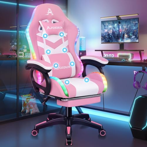 ALFORDSON Gaming-Stuhl, Bürostuhl, Drehstuhl, großer Stuhl, 8-Punkt-Massage, 12-Farben-RGB-LED-Licht, ergonomisch, mit Fußstütze, Kopfstütze und Lendenkissen, Rosa und Weiss