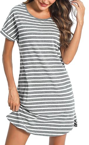 Litherday Nachthemd Damen Kurz Nachtwäsche Streifen Nachtkleid aus 95% Baumwolle Loungewear Negligee Kurze Ärmel Sleepshirt mit 2 Tasche, Dunkelgrau+weiß, M
