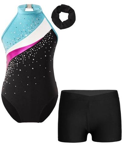 Yruioon Mädchen Turnanzug Glitzer Ärmellos Gymnastik Leotard mit kurze Hose Haarband Kinder Gymnastikanzug Turnen Trikot Tanzkostüm Aa Blau See&Schwarz 134-140