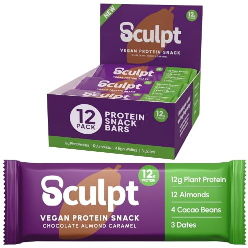 Sculpt Vegan Protein Bars – Chocolate Almond Caramel – 12 x 55g Bars | 12g Plant Protein – Packed with Almonds, Cacao Nuts, Dates – High Fibre – Ideal for Recovery and On-the-Go Snacking