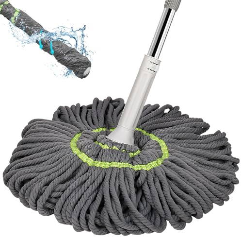 Selbstauswringender Mopp für die Bodenreinigung, Mikrofaser-Bodenwischer Wischmop mit langem Griff, Easy Squeeze Twist Mop mit 128cm langem Griff und Scheuerpad Oben, Vinyl, Fliesen (Grau)