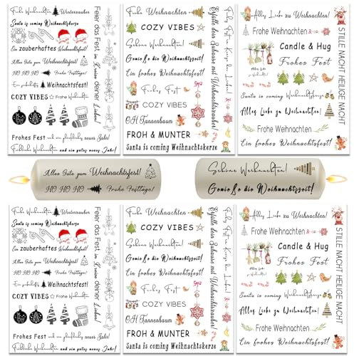 Scentoria 6 Stück Kerzentattoos Weihnachten, Rub on Sticker WeihnachtenTattoo 19x14cm, Kerzen Tattoo Weihnachten, Kerzentattoo Weihnachten, Kerzenfolie Weihnachten, Deko Kerzen für Merry Christmas(A)
