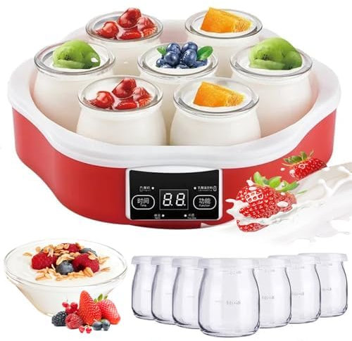 OFNHJK Yogurtera Digital, máquina de Yogur eléctrica compacta con 7 tarros y Temporizador con Pantalla LED, recipientes de Vidrio de 1,7 l/tarros de Yogur para Hacer Yogur Fresco, Regalo de Cocina