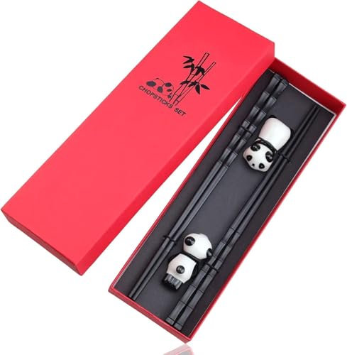 NEUTYPECHIC Wiederverwendbare chinesische Essstäbchen, 2 Paar mit Panda-Halterungen aus Keramik, Geschenkbox