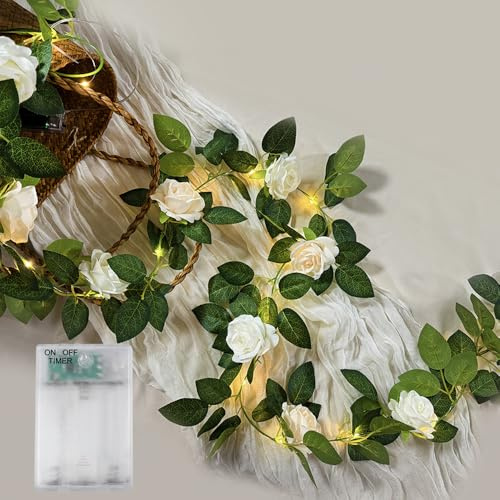 buywin 6FT Flower Garland String Lights with Timer, Battery Operated Fake Rose Vine Floral Garland with Fairy Lights, Hanging Pink Rose Light for Wedding Party Home Table Wall Decor (White)