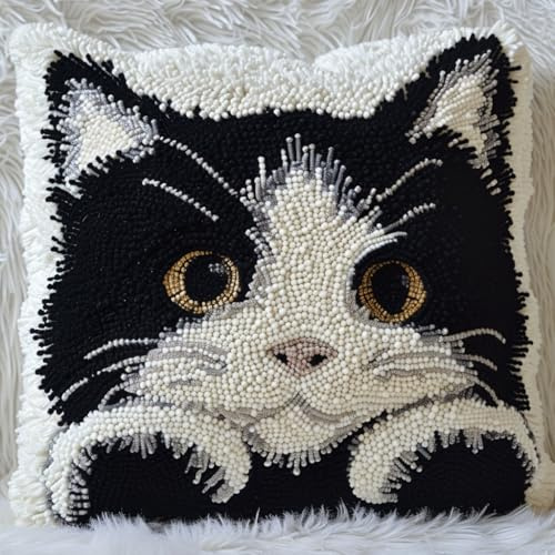 Taxpy Latch Cushion Set, Schwarze Katze Latch Hook Cushion Kit DIY Kreuzstich Knüpfkissen Stickerei Knüpf-Sets Kissen Knüpfen Knotting and Weaving Set 43x43cm