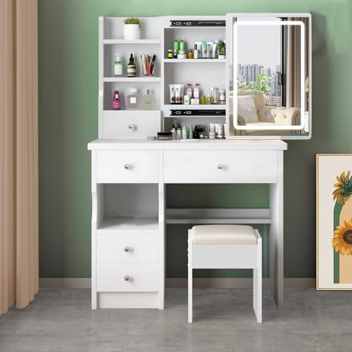 Freeboss Tavolo da toeletta con illuminazione a LED, luminosità regolabile, 4 cassetti e 3 ripiani, moderno tavolo cosmetico in legno per la trucco e styling