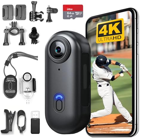H8 - Videocamera da 64 GB, 4K, mini videocamera, tascabile, per vlogging, montaggio con più accessori ovunque, piccola videocamera portatile per casco, per lavoro, ciclismo, viaggi, passeggiate con