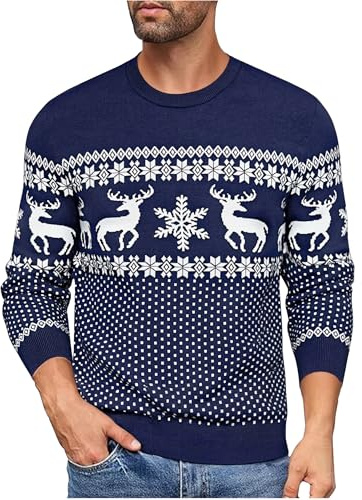 Uniexcosm Jerseys Navideño Suéter para Hombre Invierno Suéter para Hombres Reno&árbol de Pullover de Punto Cuello Redondo Jersey Navideño Azul Marino-2 L