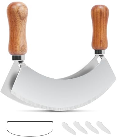 PROKITCHNE Wiegemesser Zweischneidig 17.3 cm aus Edelstahl | Kräuterschneider, Pizzamesser, Holzgriff, Zum Zerkleinern von Kräutern & Gewürzen, Spülmaschinengeeignet