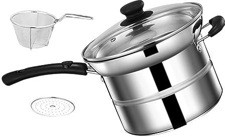 Ciieeo Pentola per Friggere e Pentola Piccola per Zuppa in Acciaio Inox Manico Singolo, Cestello Scolapasta Integrato, Resistente All’usura, Calore Uniforme, per Cucina Stile Casuale