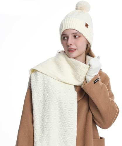 MAZELIKEHOOD Set Sciarpa Cappello Guanti Donna Inverno Caldo Cappello di Bobble con Sciarpa a Maglia e Guanti Tessuto Morbido e Comodo Accessori Moda Invernale Ideale per Regalo di Natale