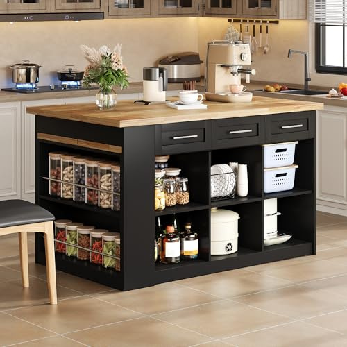 Isola da cucina multifunzionale, 150 x 96 cm, con tavolo da pranzo estraibile in nero, piano di lavoro/tavolo con venature del legno laminate e armadi integrati integrati. Ideale per cucine familiari