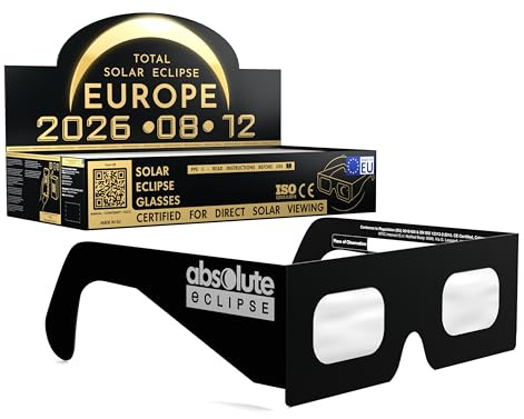 Absolute Eclipse Sonnenfinsternis Brille 2026 zum Sehen der Sonnenfinsternis - ISO 12312-2 CE Zertifiziert - 100er Pack Schulen - Design Helmet - Erwachsene Kinder - EU Hersteller Anerkannt AAS